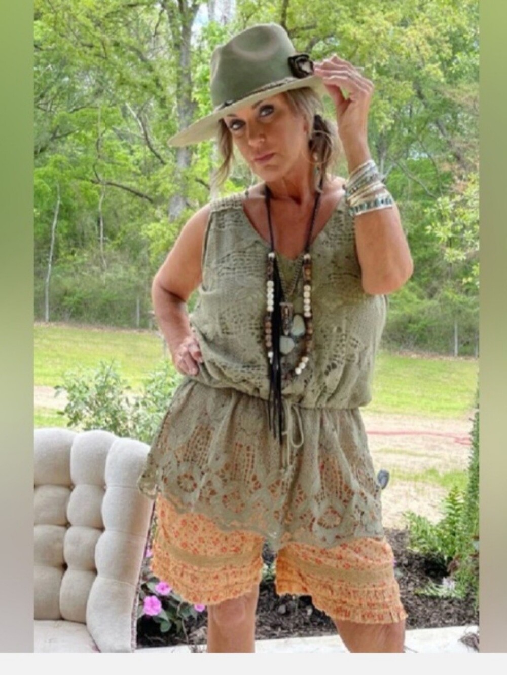 153p Jaded Gypsy Peace Be With You Tunic Crochet Top in Olive Green